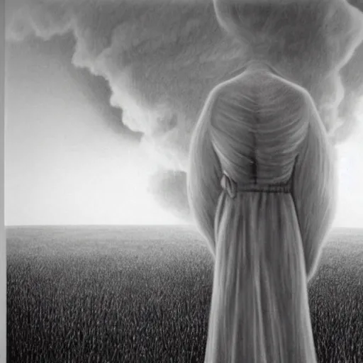 Image similar to cgi, monumental manga by chris van allsburg, by jennifer rubell. a art installation of a woman standing in a field of ashes, her dress billowing in the wind. her hair is wild & her eyes are closed, in a trance - like state. dark & atmospheric, ashes seem to be alive, swirling around.