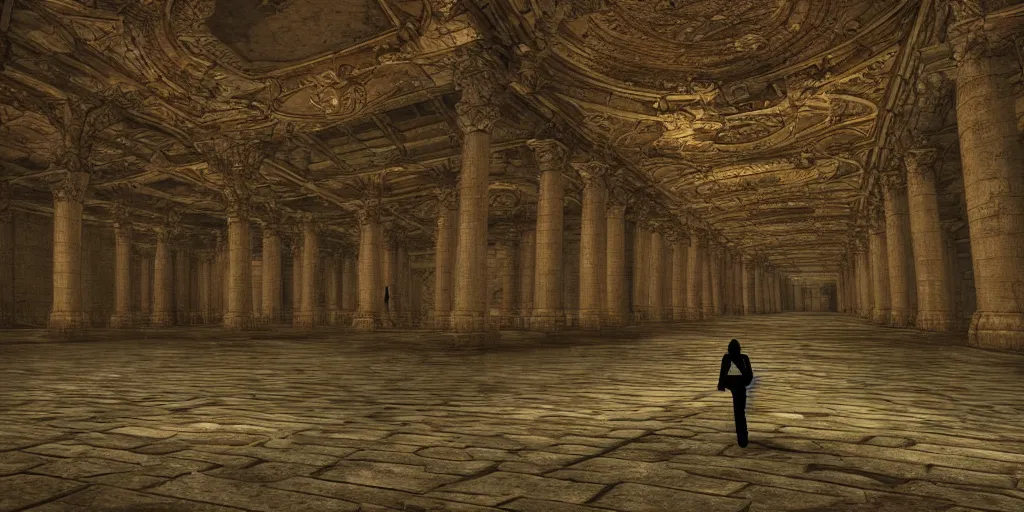 Prompt: fantasy demon walk through a monumental extremely large hall, long shot, digital art