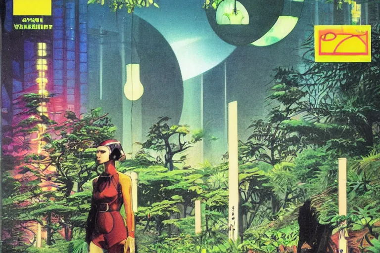 Image similar to 1979 OMNI Magazine Cover of a nature Druid elf At a Garden park in Neo-Tokyo in cyberpunk style by Vincent Di Fate