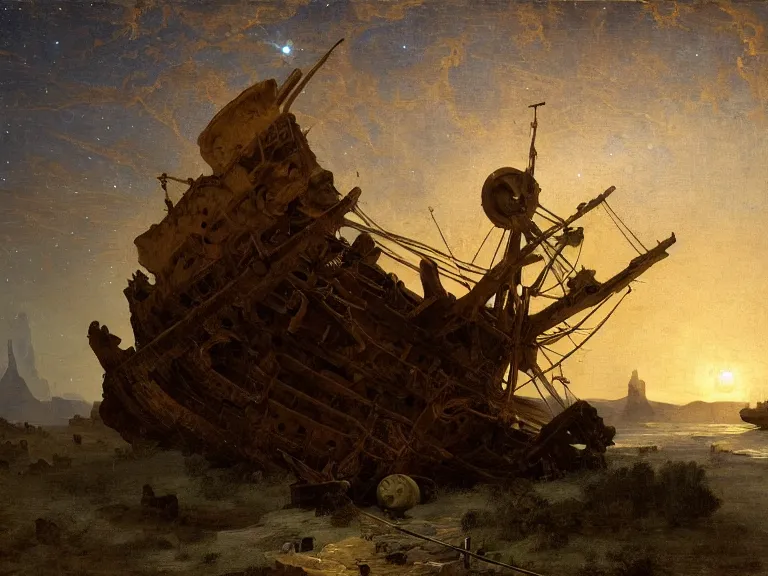 Image similar to an oil painting of an ancient shipwreck in the middle of an alien desert at dusk, aurora and stars light up the sky by carl spitzweg and tuomas korpi. baroque elements, full-length view. baroque element. intricate artwork by caravaggio. Trending on artstation. 8k