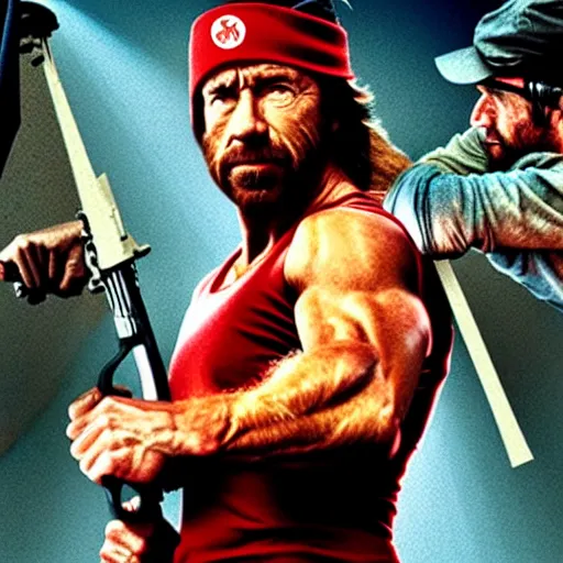 Prompt: Chuck Norris as Rambo, red sweatband, movie poster, award-winning, 4k, hyperdetailed