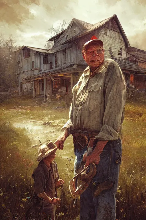 Image similar to stephen king as hillbilly farmer, village, intricate, highly detailed, smooth, artstation, digital illustration by Ruan Jia and Mandy Jurgens and Artgerm and Wayne Barlowe and Greg Rutkowski and Zdislav Beksinski