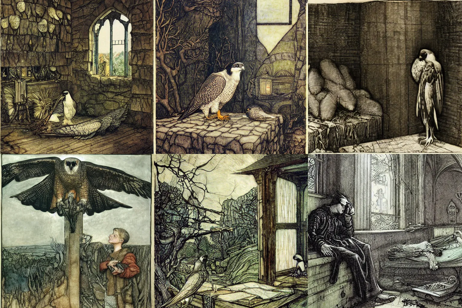 Prompt: a peregrine falcon cannot hear reason, painting by arthur rackham and gregory crewdson