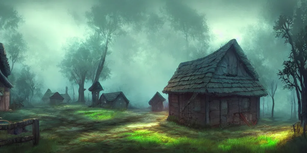 Image similar to village in the woods, ominous mist, high quality masterpiece 2 d platformer background, artstation