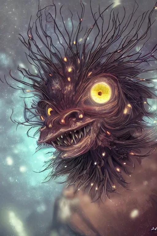 Image similar to a humanoid figure dandelion monster with large glowing eyes, highly detailed, digital art, sharp focus, trending on art station, artichoke, anime art style