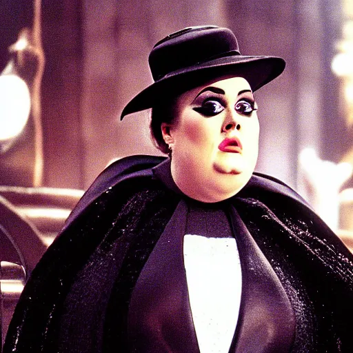 Image similar to Adele as the Penguin man in Batman Returns 1992, still, high quality