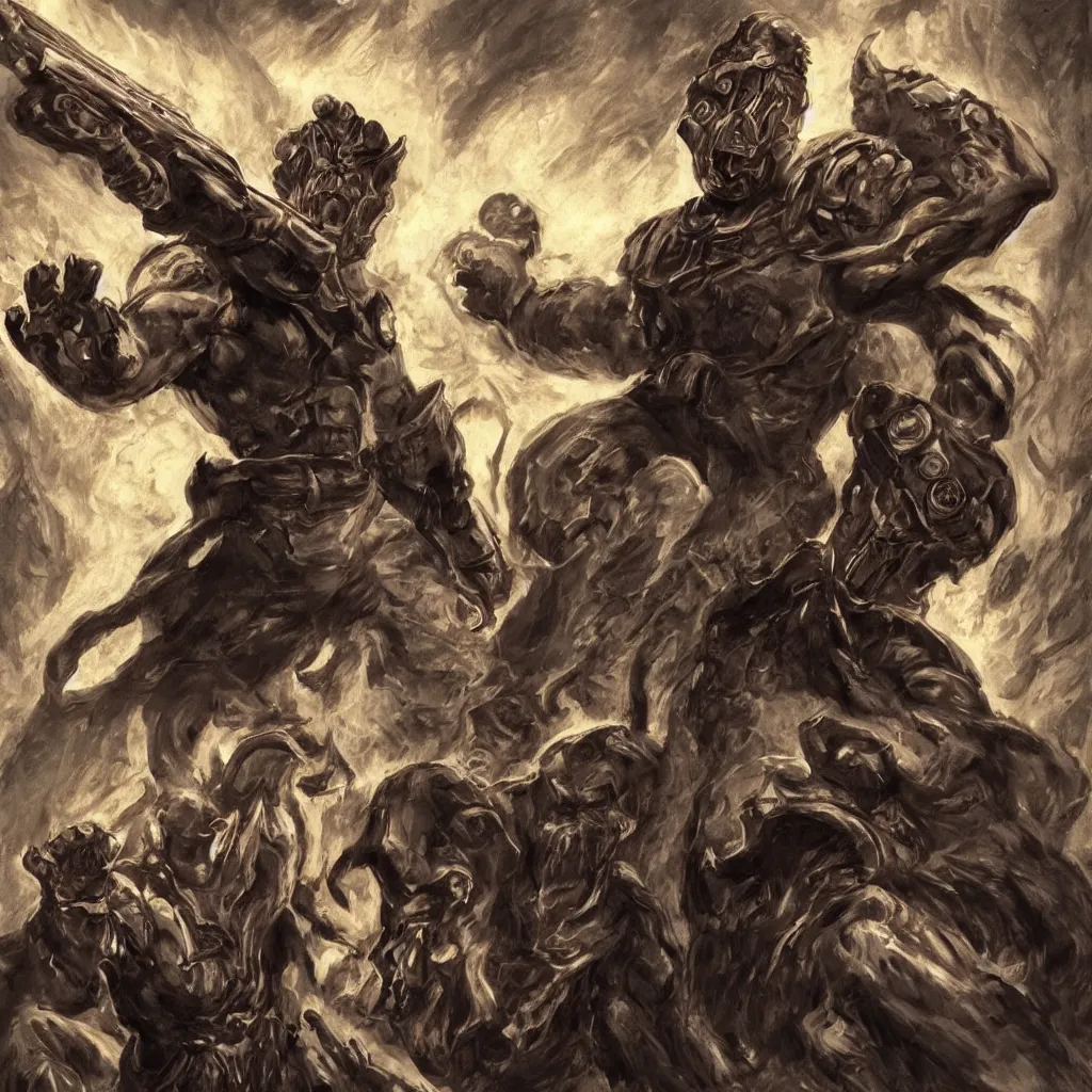 Image similar to joseph stalin as a doom eternal boss, concept art