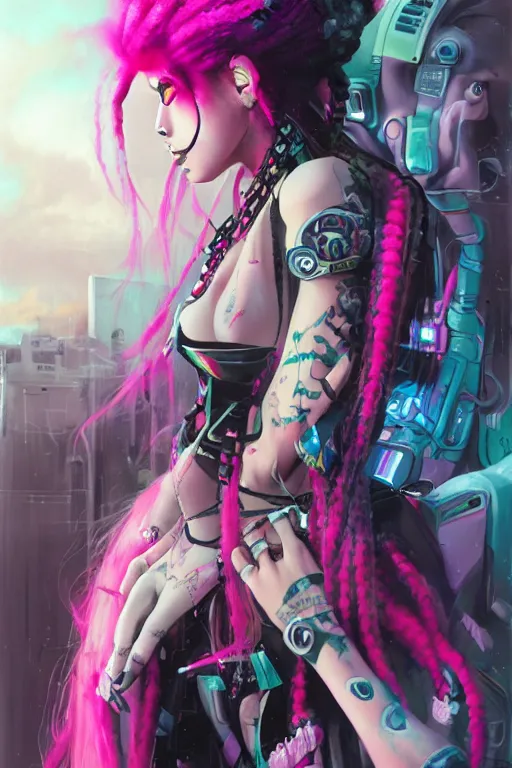 Image similar to portrait of an cybergoth girl with pink and black dreads laying on the floor of her room on ipad, manga, manga art, manga character concept art, artgerm, tom bagshaw, gerald brom, vaporwave colors, lo fi colors, vaporwave, lo fi, 4 k, hd, smooth,