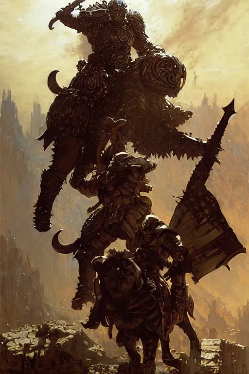 Prompt: giant hulking heavily armoured fantasy warrior with a lion head hood with a backpack full of swords and axes, portrait dnd, painting by gaston bussiere, craig mullins, greg rutkowski, yoji shinkawa