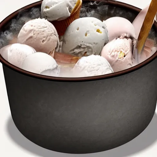 Image similar to ice cream in a pot of boiling water, realistic photo