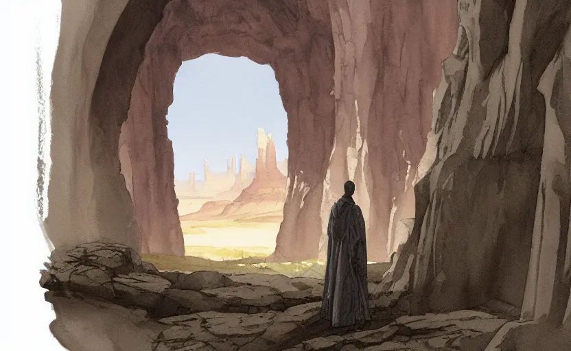 Prompt: a hyperrealist watercolor concept art of a medieval monk in grey robes in monument valley looking through a rock arch through a portal to a catle in an alien world. very muted colors, by rebecca guay, michael kaluta, charles vess. high detail, hq, wide shot, 4 k