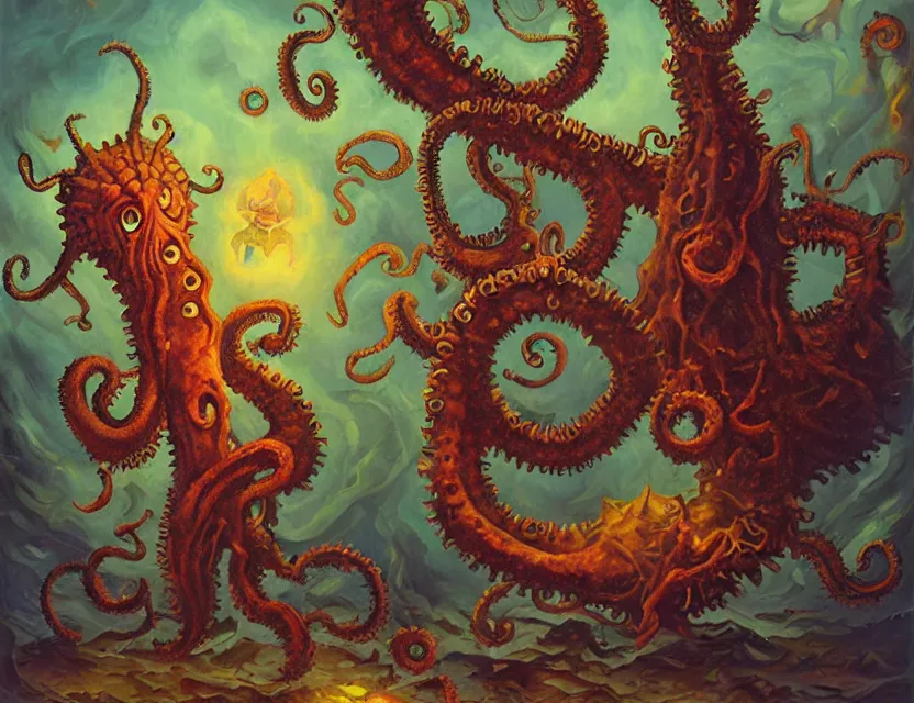 Image similar to lovecraftian destroyer of hearts. this oil painting by the beloved children's book illustrator has a beautiful composition, interesting color scheme and intricate details.