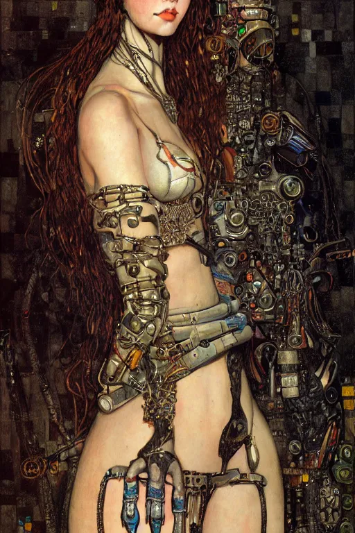 Image similar to portrait of beautiful young gothic maiden, cyberpunk, Warhammer, highly detailed, artstation, illustration, art by Gustav Klimt