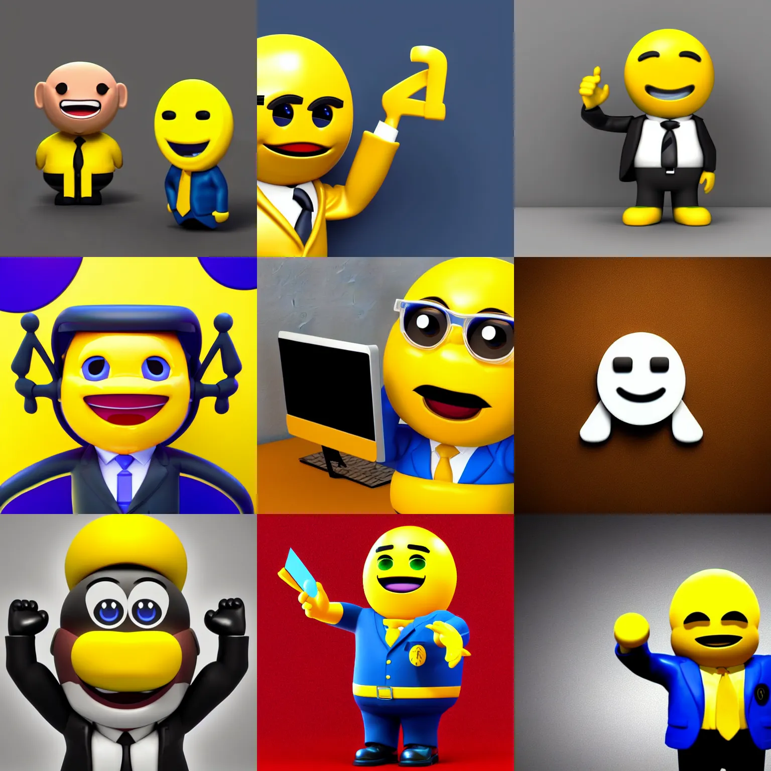 Prompt: Octane render. Trending on artstation. Character portrait. 3d sticker. 3d 1990s emoji. Funny character in a business suit doing a business deal. Iconic 3d yellow emoji face. Geocities. Yahoo. AOL. Netscape.