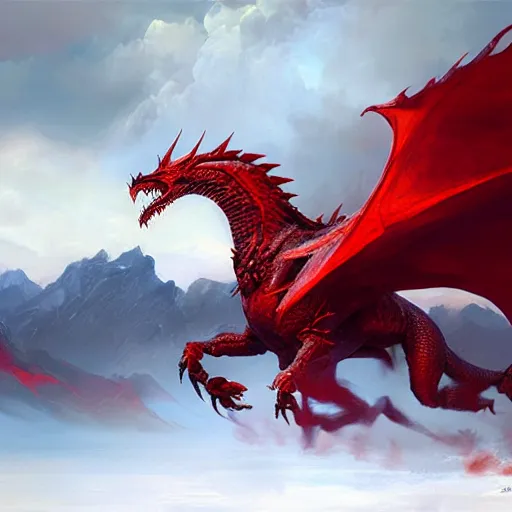 Image similar to A red Wyvern standing with mountains in background, oil painting, detailed, high fantasy, by Ruan Jia and Mandy Jurgens