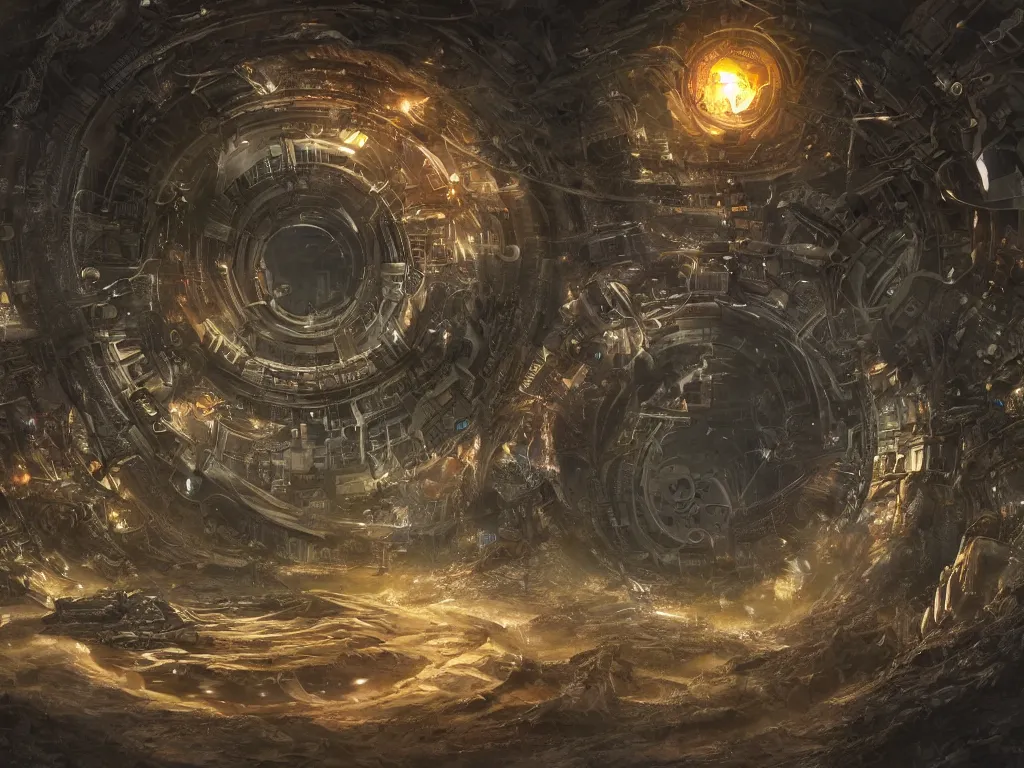 Prompt: an intricate matte painting of an epic battle between nature and technology at the center is a circular glowing biomechanical portal made of mechanical and electrical parts