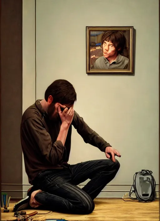 Prompt: insanely detailed portrait of a sleepy - looking programmer guy on his knees in front of his glowing ultrawide monitor begging for forgiveness, oil on canvas, masterwork, fine detail, trending on artstation, emotive, insanely compelling, ryden, koons, moebius