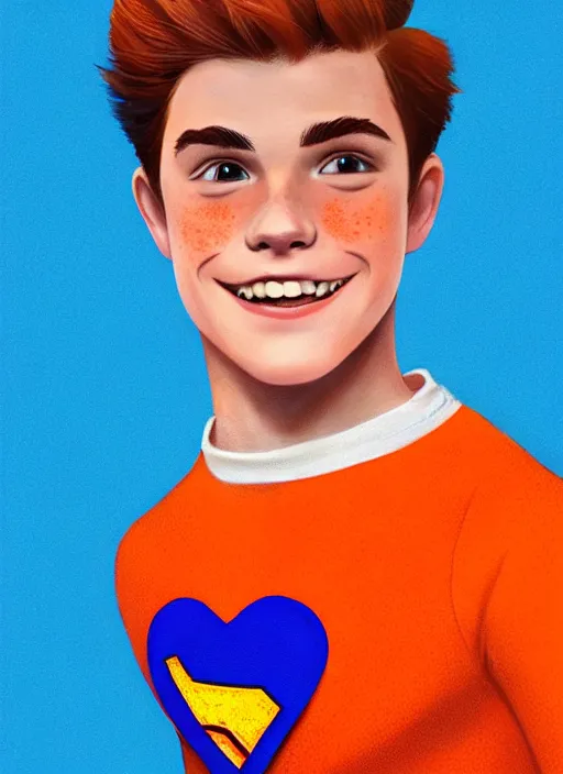 Image similar to friendly teenage archie andrews wearing an orange superhero costume with heart logo, heart, freckles, blue cape, heart emblem on chest, blue cape, intricate, elegant, glowing lights, highly detailed, digital painting, artstation, sharp focus, illustration, art by wlop, mars ravelo and greg rutkowski