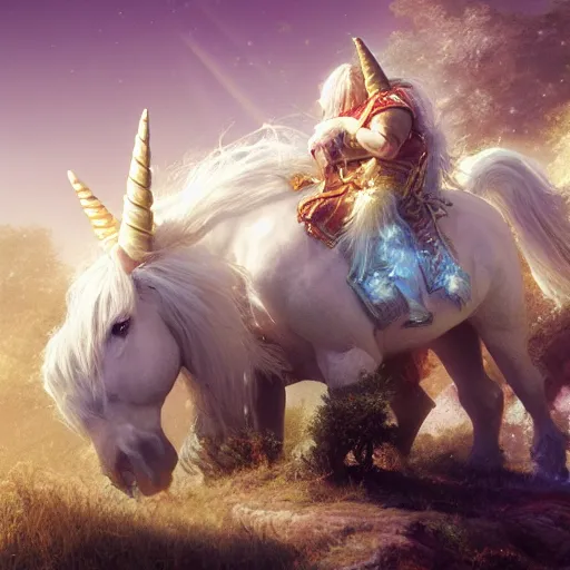 Prompt: a white haired dwarf and a unicorn, illustration by craig mullins, wlop, highly detailed, colorful, unreal engine, octane render, dramatic lighting, cinematic composition, wide shot