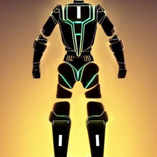 Image similar to Cowboy wearing an armor from the movie Tron Legacy, full body, synthwave background, digital painting, detailed, artstation, high quality, hyperrealism