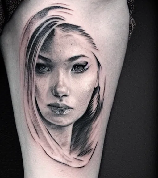 Image similar to tattoo design sketch of an extremely beautiful woman face and a faded background of beautiful mountains on her side, hyper - realistic, double exposure effect, in the style of matteo pasqualin, amazing detail, black and white, faded