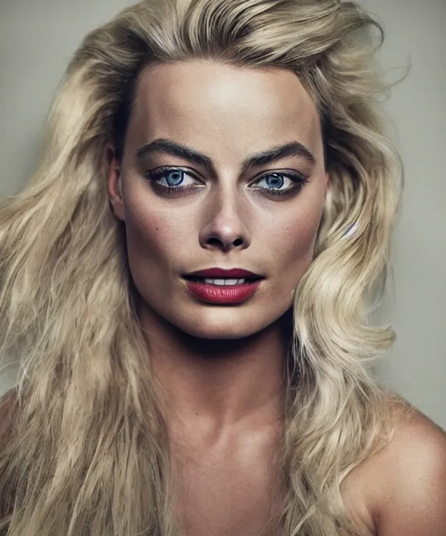 Image similar to a color photograph of margot robbie, by annie leibovitz, platinum blond, intense, bold, exaggerated, ultra sharp, extra details, ultra high quality, trending on pinteresst