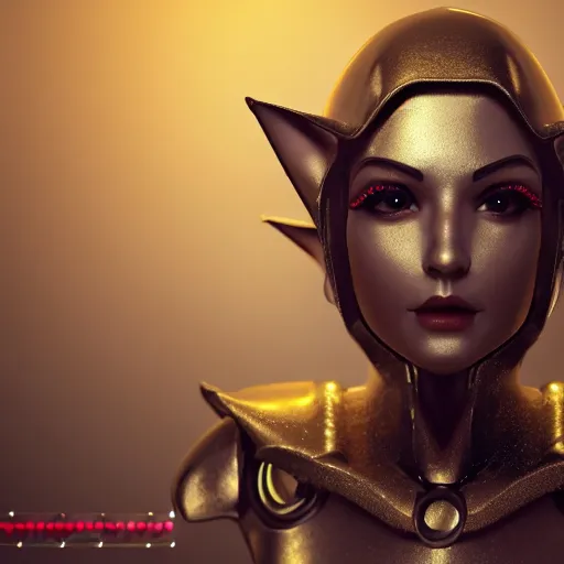 Prompt: Shiny cute elf woman robot with pointy ears portrait, octane render, high detail, photorealistic, unreal engine, ray traced