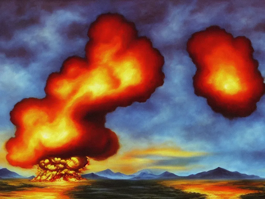 Image similar to bob ross painting of nuclear holocaust