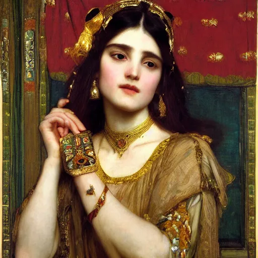 Prompt: orientalist portrait of a happy princess wearing a golden tiara intricate portrait by john william waterhouse Edwin Longsden Long and Theodore Ralli and Henryk Siemiradzki, very coherent symmetrical artwork. Cinematic, hyper realism, high detail 8k