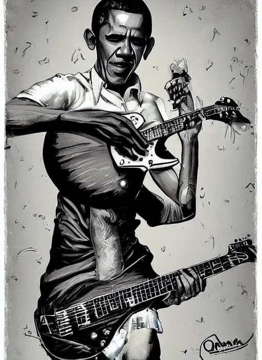 Image similar to Barack Obama shredding on an electric guitar in the style of Jason Edmiston