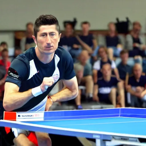 Image similar to Robert Lewandowski playing table tennis on a tournament, table tennis racquet in his hand, high quality news photography