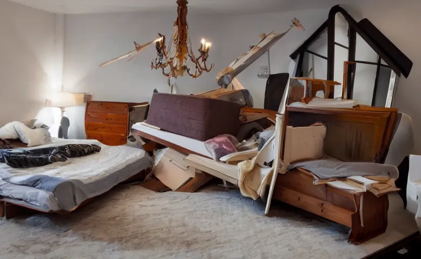 Prompt: a bedroom with all of the furniture turned upside down. a bedroom with upside - down furniture.