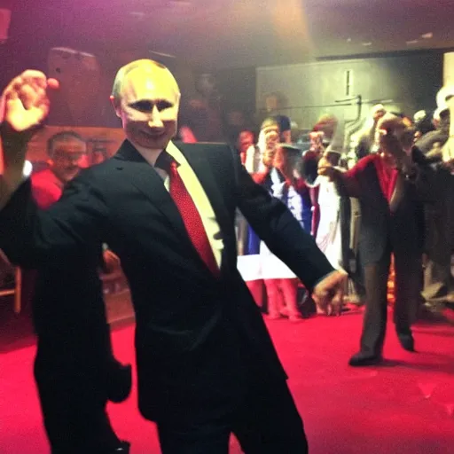 Prompt: Vladimir Putin dancing at the Babylon night club in Durham, photo, iphone, camera