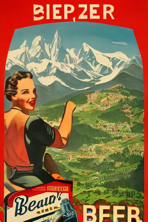 Image similar to 1 9 4 0 s german advertisement of beer, the alps are in the background, unreal engine, global illumination, radiant light, detailed and intricate environment