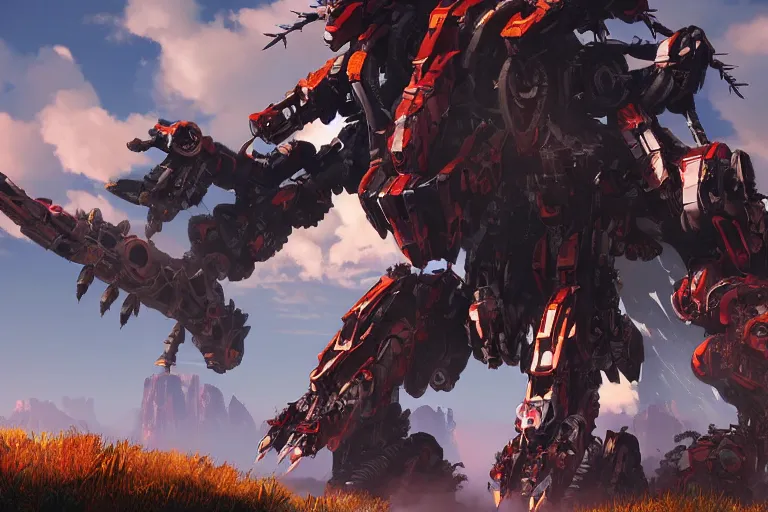 Image similar to ravager machine mecha animal beast robot of horizon forbidden west horizon zero dawn bioluminiscence global illumination ray tracing hdr fanart arstation by sung choi and eric pfeiffer and gabriel garza and casper konefal