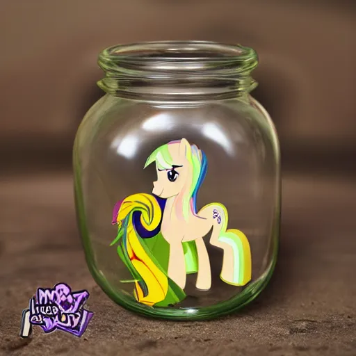 Image similar to a my little pony figure in a jar covered in a mysterious sticky yellowish fluid