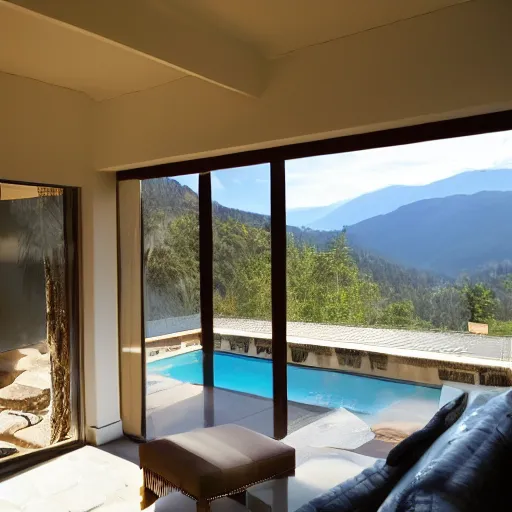 Image similar to a sunny covered lounge with a swimming pool with clean water next to a large window with a view of the mountains, photo