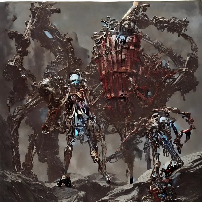 Prompt: still frame from Prometheus by Jakub Rozalski and utagawa kuniyoshi, infinite Hell Scape with gigantic mecha demons and ornate bone cyborgs by Wayne Barlowe by peter Mohrbacher by Giger, dressed by Alexander McQueen and by Neri Oxman, metal couture hate couture editorial