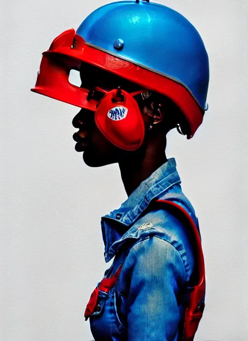 Image similar to full body portrait of young black woman as a firewoman, white t - shirt and blue denim overalls, red firemans helmet, intricate, beautiful and elegant, highly detailed, digital painting, artstation, concept art, smooth, sharp focus, illustration, art by wlop, mars ravelo and greg rutkowski