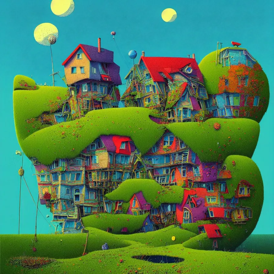 Prompt: surreal glimpse into other universe, a house on an island, summer morning, very coherent and colorful high contrast, art by!!!! gediminas pranckevicius!!!!, geof darrow, floralpunk screen printing woodblock, dark shadows, hard lighting, stipple brush technique,