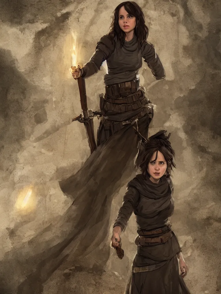 Image similar to portrait of jyn erso in a beautiful medieval skirt in a stone courtyard holding a knife, confident pose, coherent, insane detail, concept art, character concept, cinematic lighting, global illumination radiating a glowing aura