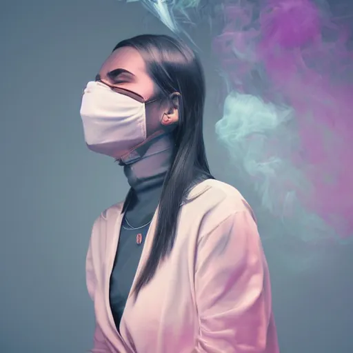 Prompt: full potrait of a woman.. Woman is wearing clothing covering the eyes. Wall of syringes in backround. Smoke effects forms question mark. Digital painting. Art station. Mood lighting. - h 1200