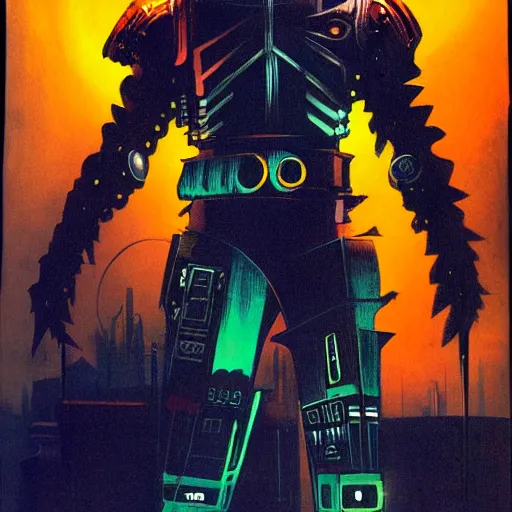 Image similar to cyberpunk knight, by jack gaughan, wide angled view, epic pose, pulp, sci - fi, atmospheric lighting, painted, intricate, ultra detailed