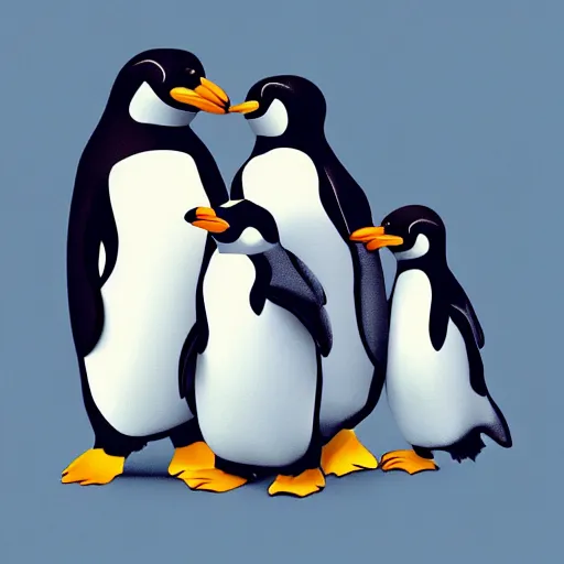 Prompt: A children's cartoon illustration of a penguin family, a mom penguin, dad penguin, an older sister penguin and a baby brother penguin, highly detailed, trending on artstation,