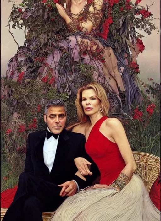 Image similar to george clooney wearing a formal black suit and kim basinger wearing a red dress, affectionate sitting together, highly detailed, focus stacked, candid portrait, art by artgerm and greg rutkowski and alphonse mucha