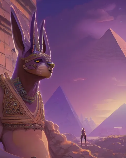 Image similar to highly detailed vfx portrait of anubis with pyramid behind them, sky galaxy purple, unreal engine, greg rutkowski, loish, rhads, beeple, makoto shinkai and lois van baarle, ilya kuvshinov, rossdraws, tom bagshaw, alphonse mucha, global illumination, detailed and intricate environment