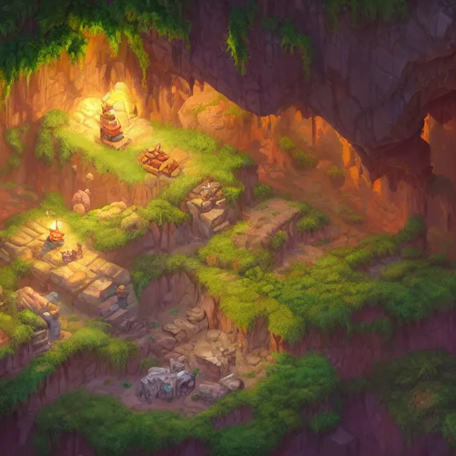 Prompt: a digital painting of an isometric cave environment by justin gerard, paul bonner, highly detailed, volumetric lighting, digital art, isometric, artstation hd