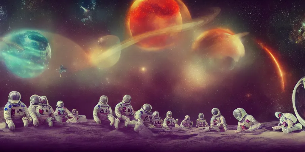 Image similar to twelve cosmonauts sitting by the river with a big holiday cake + octane render + ue 5 + planets and stars + mystical fog + psychedelic colors + super detail, high quality