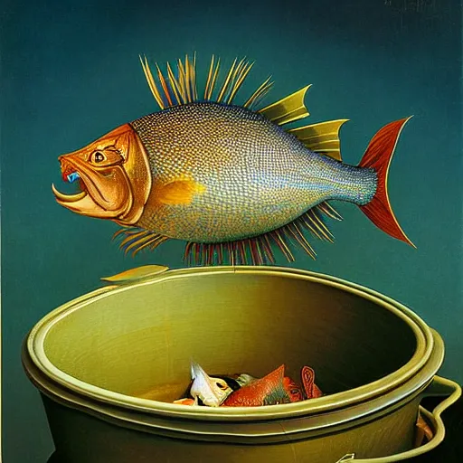 Image similar to a fish on the top of a pile of fish, inside a cooking pot, side view, by vladimir kush, dystopian aer, rococo