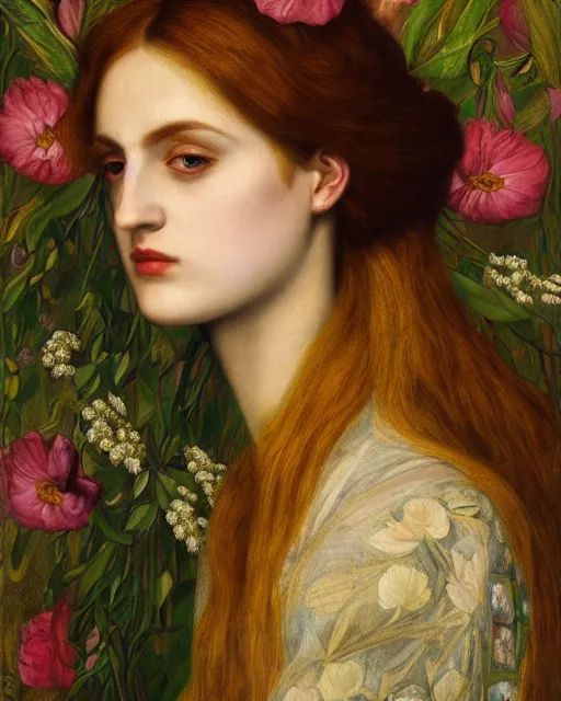 Image similar to masterpiece the queen of flowers by Dante Gabriel Rossetti, Aykut Aydogdu, Oil on canvas, highly detailed